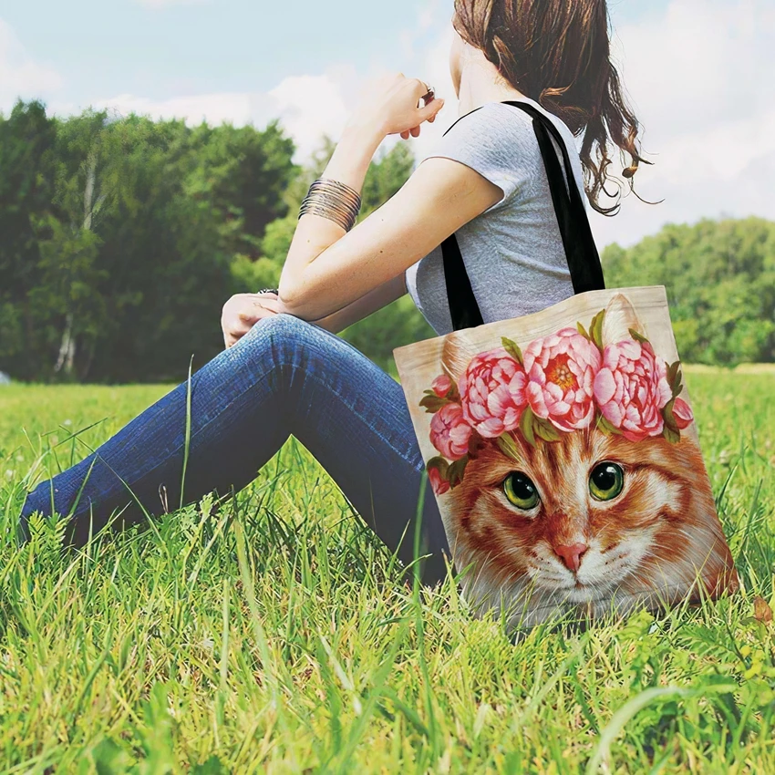 Cat in Flower Printed Tote Bag for women Foldable shopping bag Ladies Shoulder Bag Linen Fabric Bag Outdoor beach bag