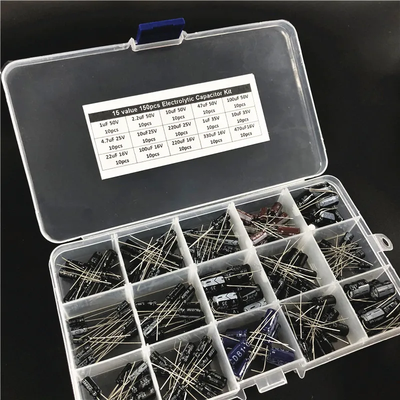15values 150pcs 16V/25V/35V/50V (1uF to 470uF) mix Electrolytic capacitor kit with a free storage box