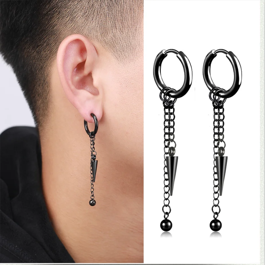 Punk Triangular Cone Ball Pendant Drop Earrings For Men Classic Stainless Steel Chain Tassels Earrings Jewelry Brincos Gift