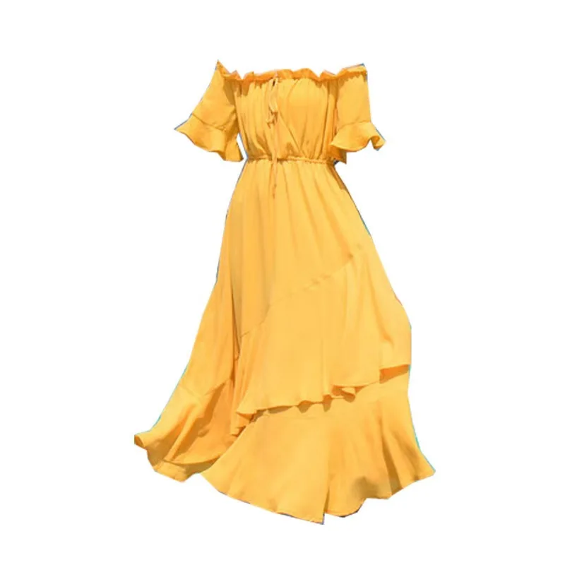 

Retro Fairy Beach Dress Summer Yellow Chiffon Seaside Vacation Word Shoulder Dress Female Dress Solid Color