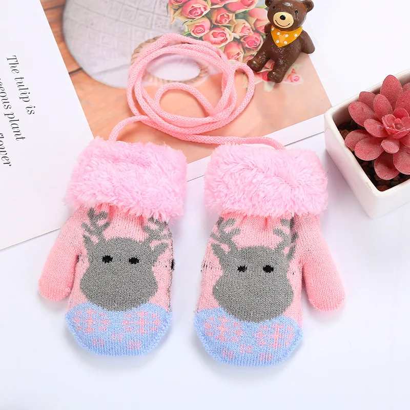 Pink Grey Elk Herbabe/Детские Рождественские перчатки на зиму с рисунком оленя; бархатные вязаные варежки для малышей; теплые уличные перчатки для мальчиков и девочек - Цвет: Pink Grey Elk