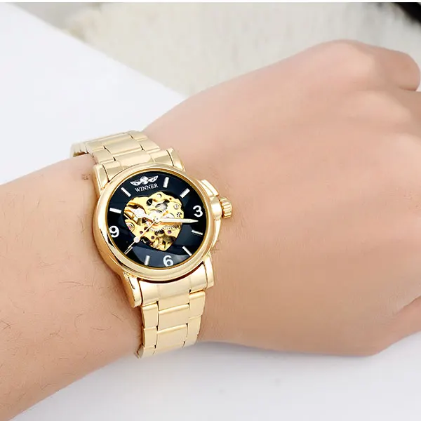 Женские часы WINNER модные автоматические с розовым циферблатом ремешком из