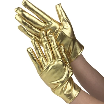 

1 Pair Women Wet Look Fake Leather Metallic Glove Evening Party Stage Performance Mittens Silver Sexy Wrist Length Latex Gloves