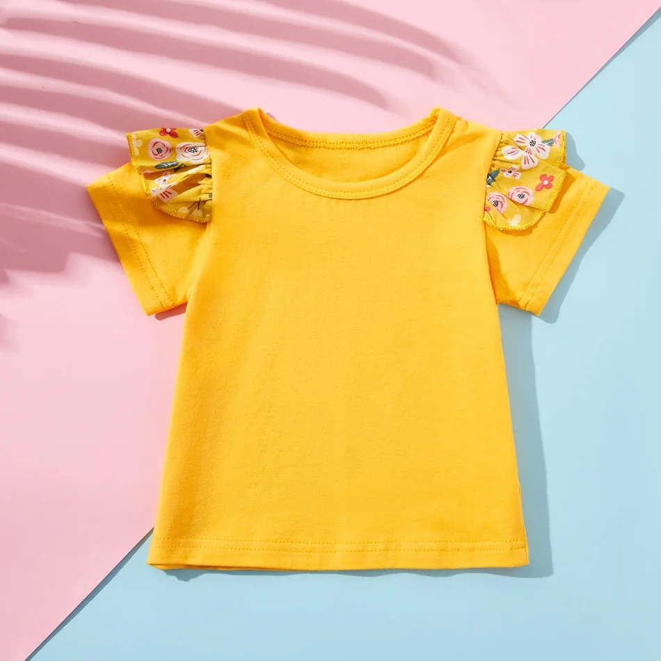 624M Summer 3Pcs Baby Girl Tshirt Solid Cotton Fluttersleeve Tee for