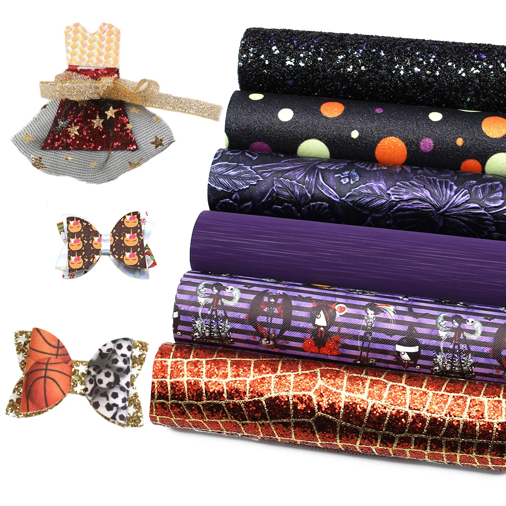 New 6Pieces/set 20*34cm Halloween Multi-material Synthetic Leather Patchwork Hair Bow Handbag Shoes DIY,1Yc7958