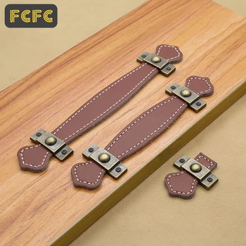 FCFC Vintage Leather Cabinet Knobs and Handles Wardrobe Kitchen Cupboard Door Pull European Zinc Alloy Furniture Handle Hardware