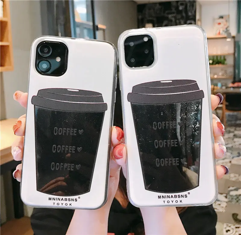 

luxury liquid quicksand case for iphone 11 pro max x xs xr 7 7plus 8 plus 6s plus coffee cup pattern transparent soft tpu cover