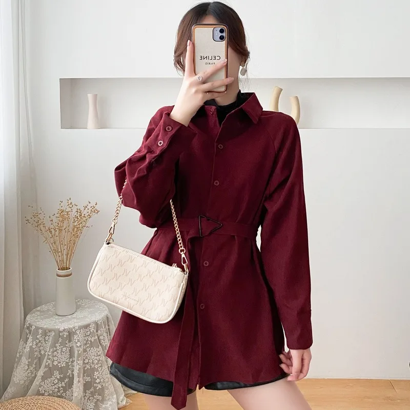 

Women's Clothing 2020 Autumn Design Sense Niche Retro Mid-Length Corduroy Cinched Blouse Tops for Women Fashion Blouse