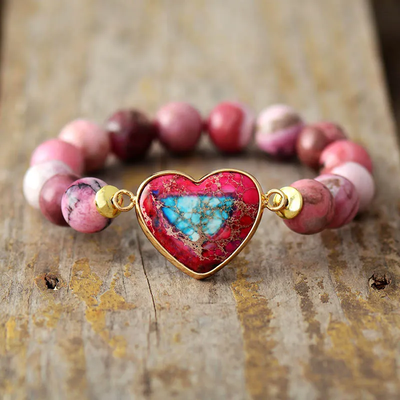 Classic Women Heart Shape Bracelets Luxury A++++ Rhodonite Stretch Elastic Strand Spiritual Bracelet Jewelry Bijoux Dropshipping