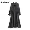 Aachoae Vintage Elegant Bow Tie Collar Print Dress Women Long Sleeve Ruffle Midi Dress Elastic Waist Casual Black Dresses 2022 ► Photo 1/6