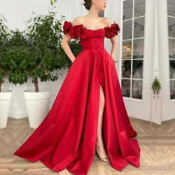 Off Shoulder Red Satin Sweep Train A Line Prom Gown For Woman Elegant With Flowers Front Slit Custom Plus Size Robe De Soriee