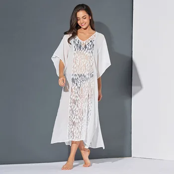 

Women Beach Dress Bikini Cover Up Cape On Swimsuit Tunic Kaftan New Summer 2020 Sexy Lace Chiffon Garment Acetate Floral
