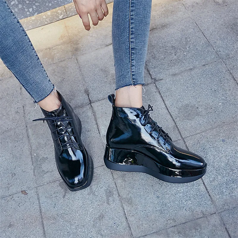 FEDONAS Genuine Cow Patent Leather Women Ankle Boots Casual Shoes Woman High Heeled Short Riding Boots Warm Autumn Winter Shoes