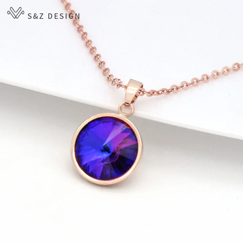 S&Z DESIGN New Fashion Round Crystal Pendant Necklace For Women Wedding Jewelry Lover Gift 585 Rose Gold Color