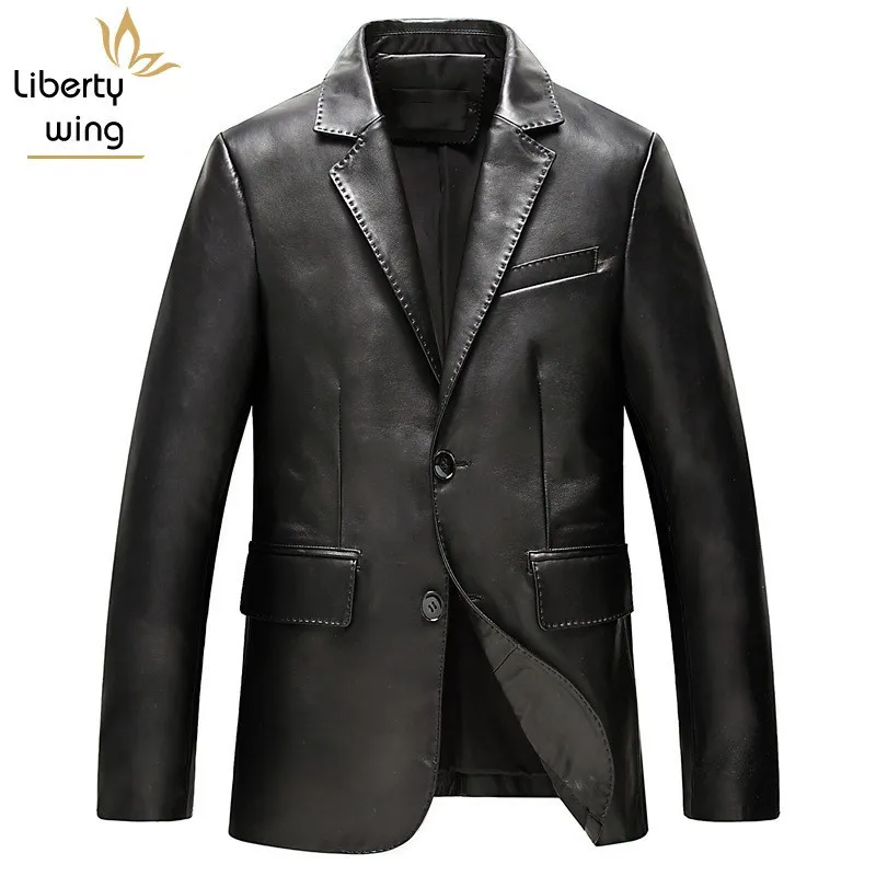 

British Luxury Mens Genuine Leather Blazer Jacket Two Button Lapel Collar Business Man Work Suit Coat Slim Fit Outwear Jackets