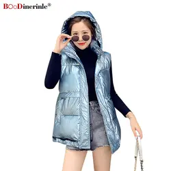 BOoDinerinle/зимняя куртка для женщин, ультра легкий Яркий глянцевый жилет, утепленное короткое хлопковое пальто, синие куртки-пуховики с