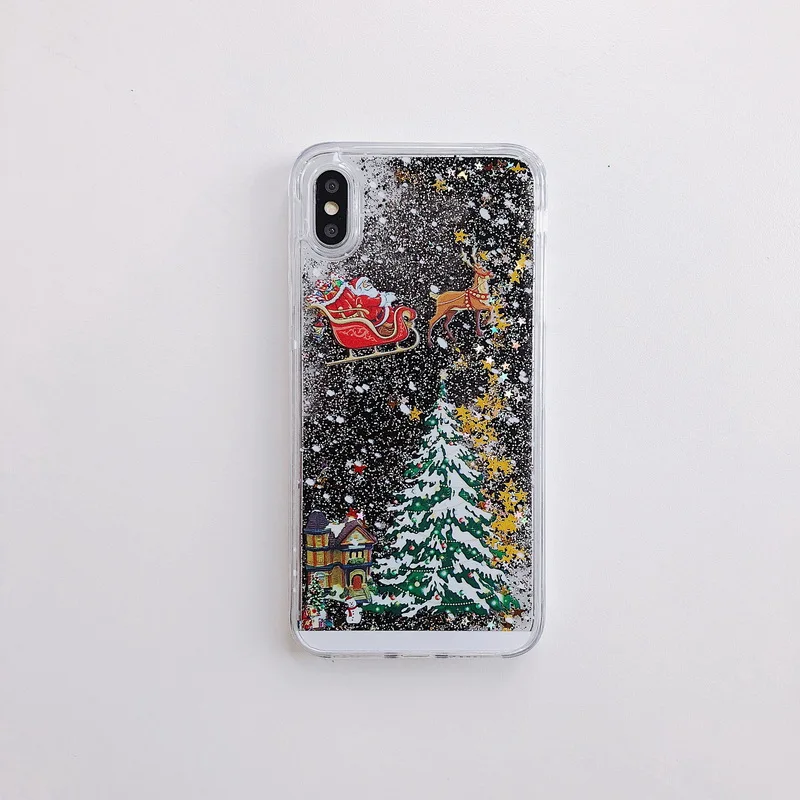 Динамический песок Рождество Жесткий Чехол для iPhone XS X 8 7 Plus 6s 5 5S SE милый Санта Клаус палевый узор Капа подарки - Цвет: Черный