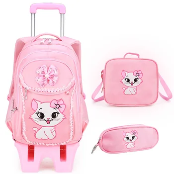 

Girl Trolley School Bag Pink Wheeled Shoulder Backpack With Pencil Case Travel Luggage Rolling Cartoon Schoolbag For Teenager