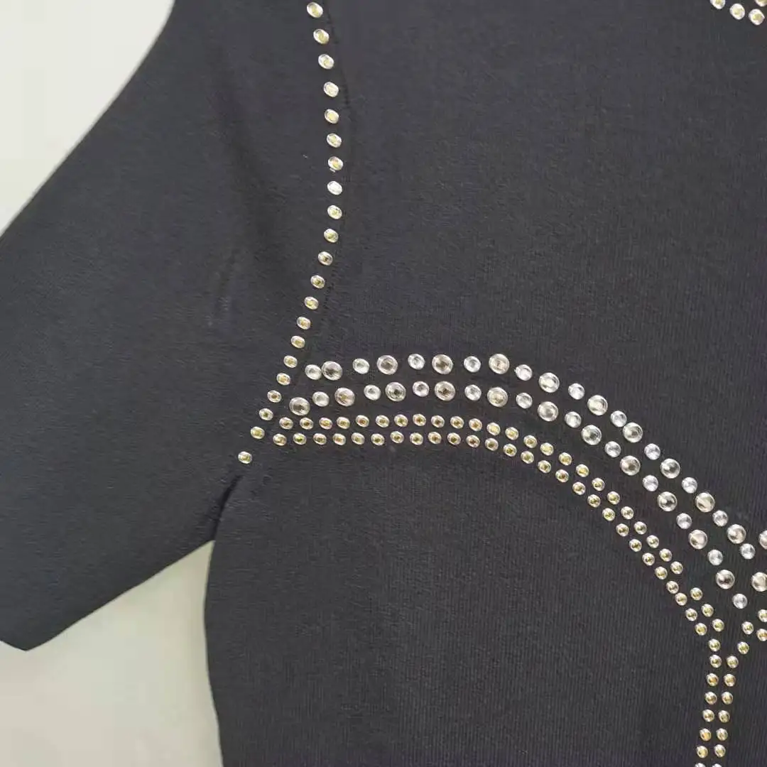 Women Dress Autumn / Winter Black Round Neck Short-sleeved beading Hot Drilling Dress