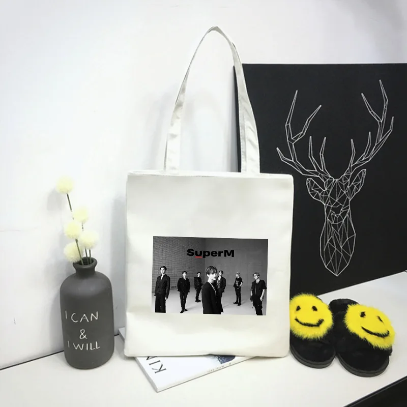 Kpop SuperM Print Canvas Shoulder Bag Handbag K-pop SuperM Zipper Storage Bag Shopping Bag Eco Bag Fans Collection Gift Dropship - Цвет: White-A