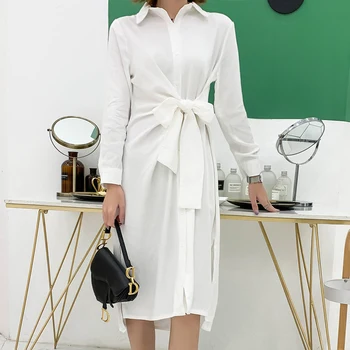 

YAMDI party club evening midi dress women long sleeve shirt dress elegant spring summer vintage solid white a-line 2020 runway