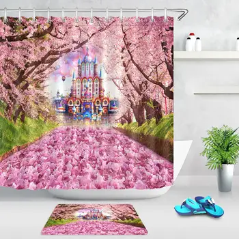 

Dream Pink Cherry Fairy Tale Castle Bathroom Shower Curtains Fantasy Castle Home Decor Waterproof Fabric Bath Curtains Floormat