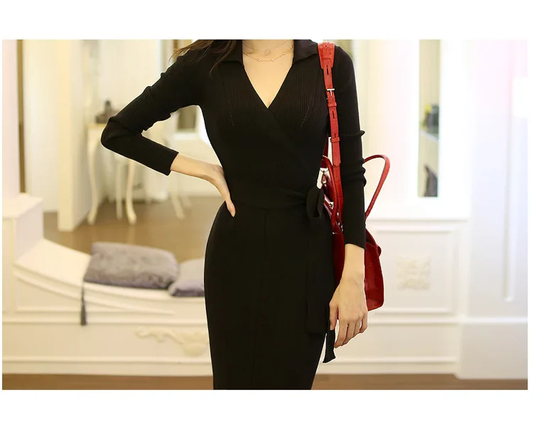 WOMEN'S Dress Autumn And Winter New Style Debutante Elegant Slim Fit Long Sweater Skirt V-neck Jersey Dress