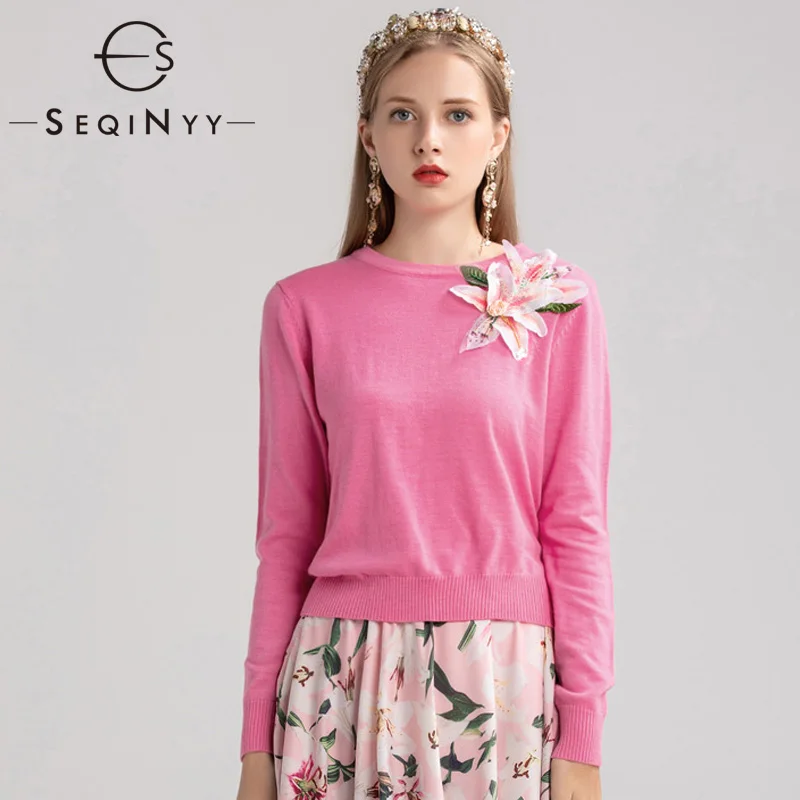 

SEQINYY Casual Sweater 2020 Summer Spring New Fashion Design Long Sleeve Elastic Loose Romantic Lily Flowers Appliques Pullovers