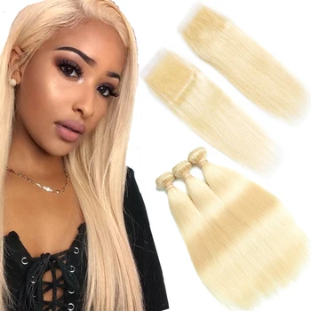

613 Blonde Bundles With Closure Brazilian Straight 3 Bundles With Closure Blonde Human Hair Bundles With Closure Non-remy