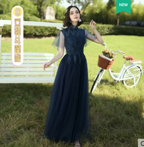 navy blue C Новые пыльно-синие смешанные и подходящие Платья для подружек невесты с аппликацией цветов осенние румяные вечерние платья для выпускного вечера дешевые Robe De Soriee - Цвет: navy blue C
