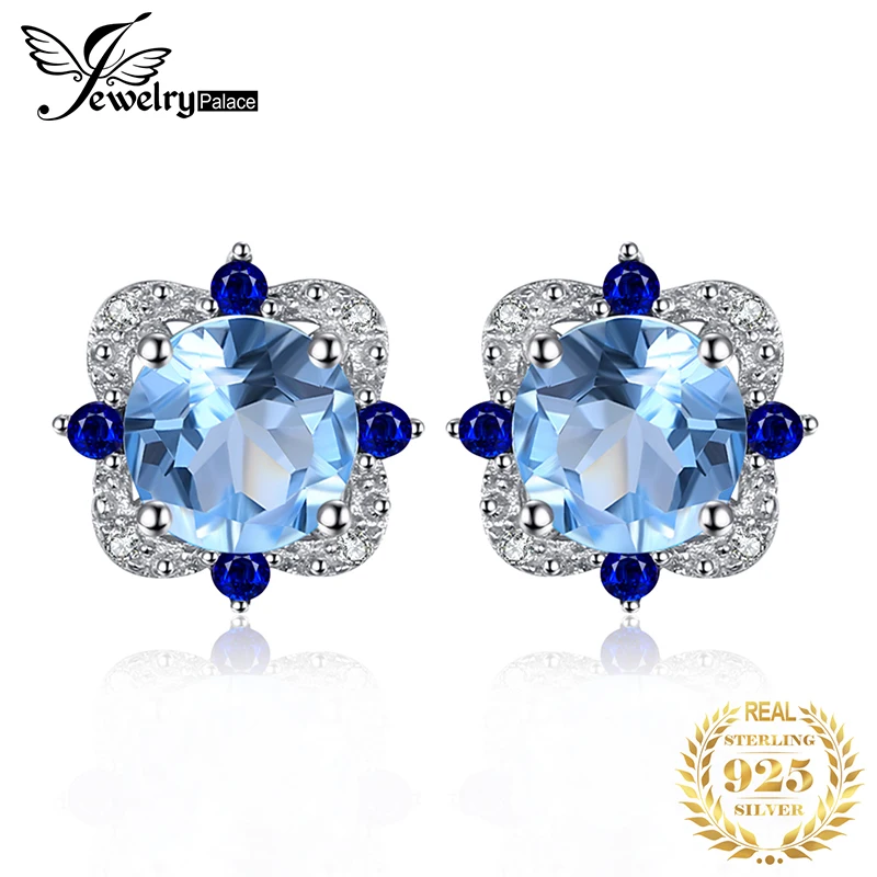 Jewelrypalace модные Серьги гвоздики 2.27ct круглый природный Голубой топаз инкрустация