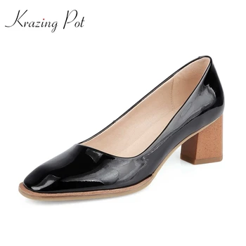 

Krazing pot simple style full grain leather all-match square toe thick high heel slip on office lady daily wear women pumps L00