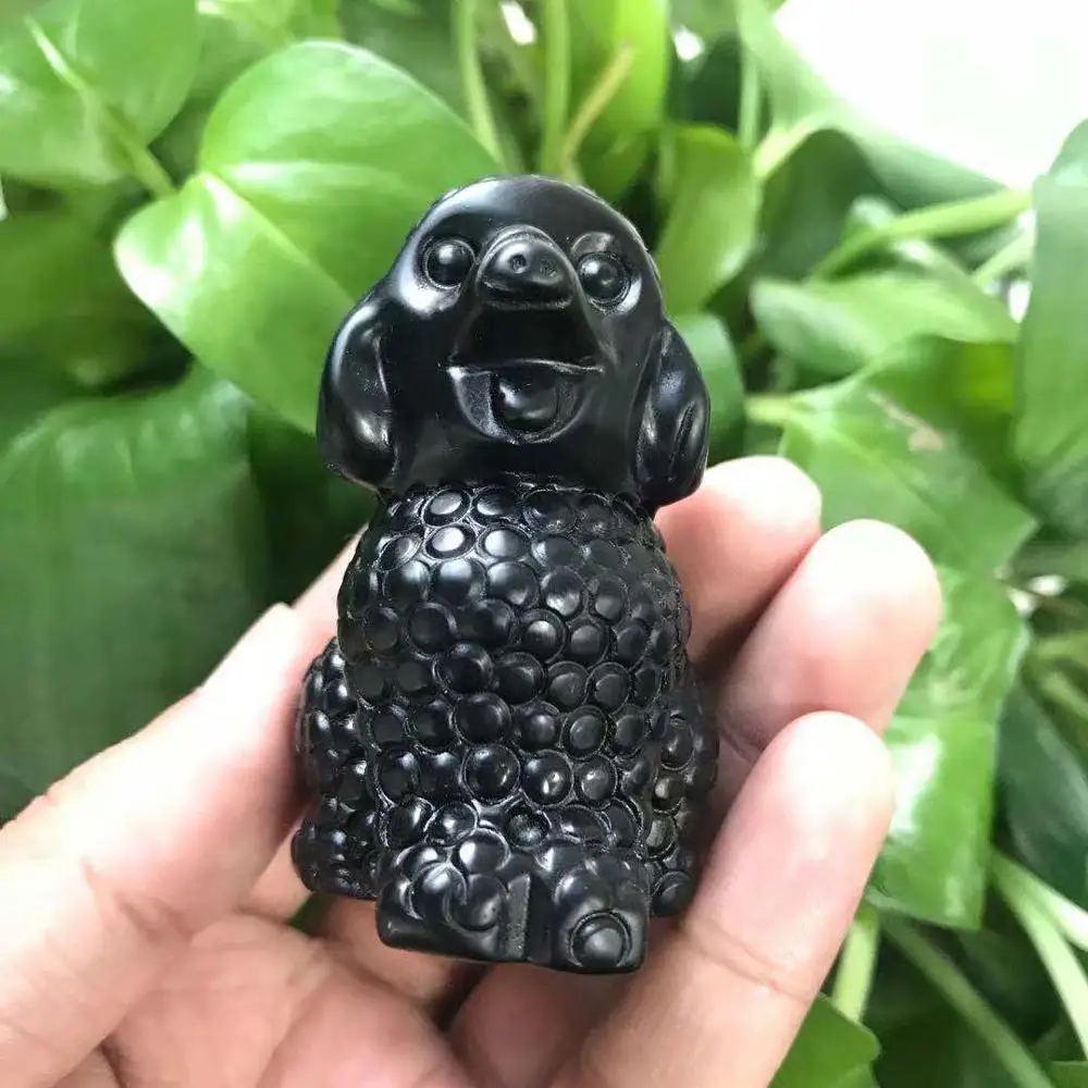 Natural Black Obsidian Dog Crystal Quartz Animal Healing Reiki Energy Gemstone Figurine For Home Decoration&Gift ZJJ