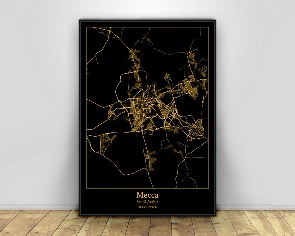 Mecca Saudi Arabia Black&ampGold City Light Maps Custom World Map Posters Canvas Prints Nordic Style Wall Art Home Decor | Дом и сад