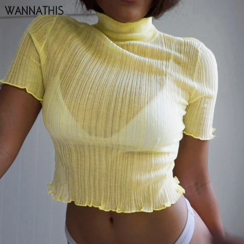 Женский укороченный топ с оборками WannaThis желтый облегающий Эластичный Мягкий Топ