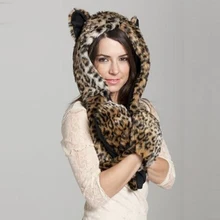 Шапка с животным принтом, новинка, зимняя женская мода, Леопардовый Теплый шарф из искусственного меха, шапка, перчатки, наборы, PC188