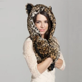 

Animal Cap 2019 Winter New Women Fashion Leopard Warm Faux Fur Scarf Hat Glove Sets PC188