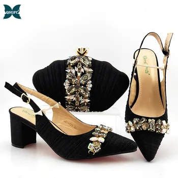 

2020 New Arrival Ladies Italian design Shoes and Bag Set Decorated with Rhinestone Shoes and Bag Set in Black Color