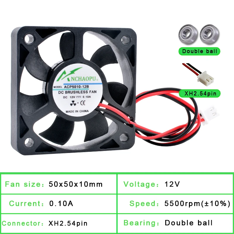 Cooling fan 5cm 50mm fan 50x50x10mm DC5V 12V 24V 2pin Cooling fan suitable for micro-chassis router inverter power supply charger ACP5010