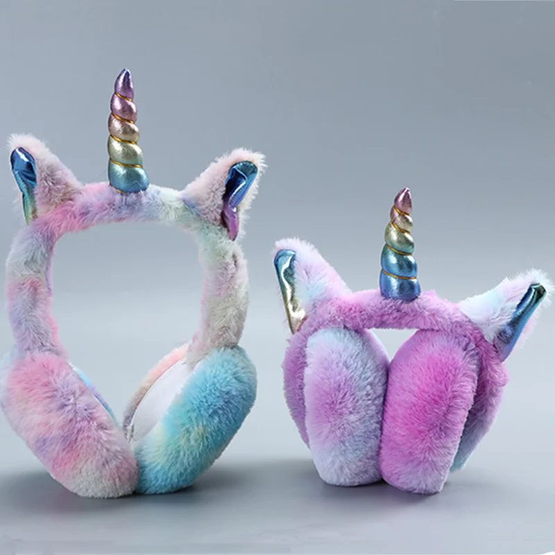 Kids Unicorn plush cartoon earmuffs for Kids warm cute Rainbow color Winter heads accessories for children new year chismas gift