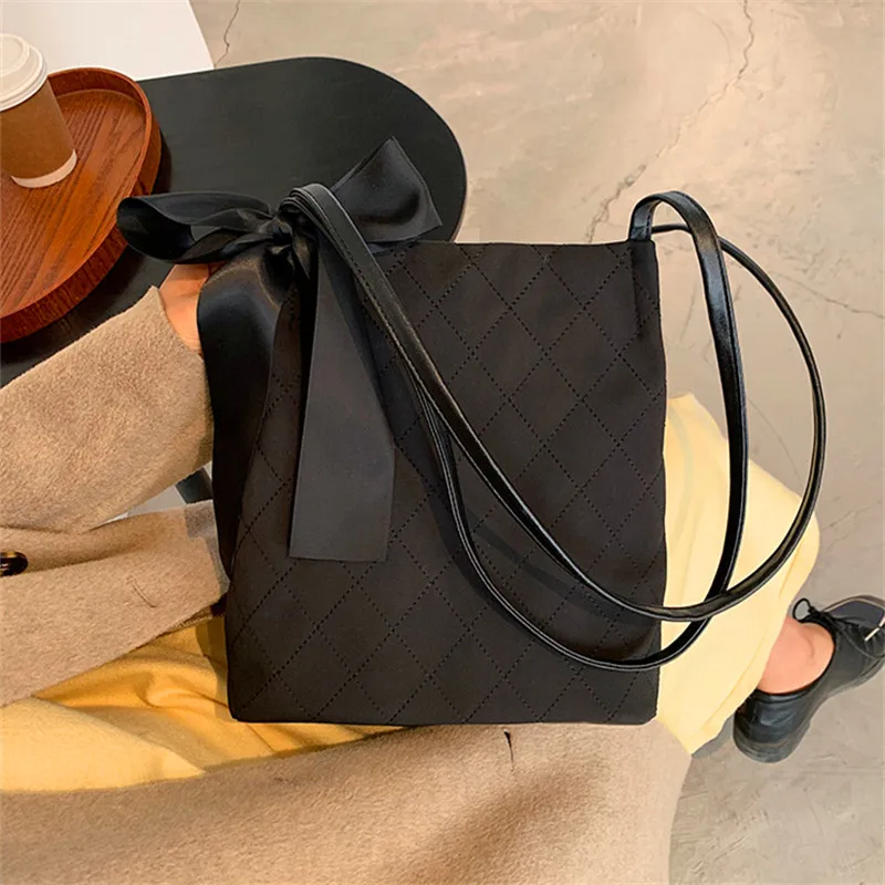 

Black Oxford Cloth Lattice Female Handbags Bowknot Big Square Over The Shoulder Bag Portable Leather Large Capacity Shopping Bag