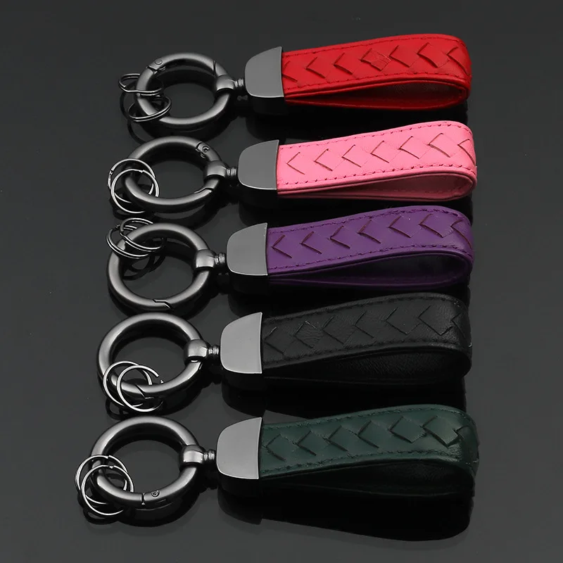 

2020 New Woven Leather Metal Keychain Cortex Auto Waist Leather Key Chain Metal Car Keyfob Keyrings Keyholder for Car Key Men