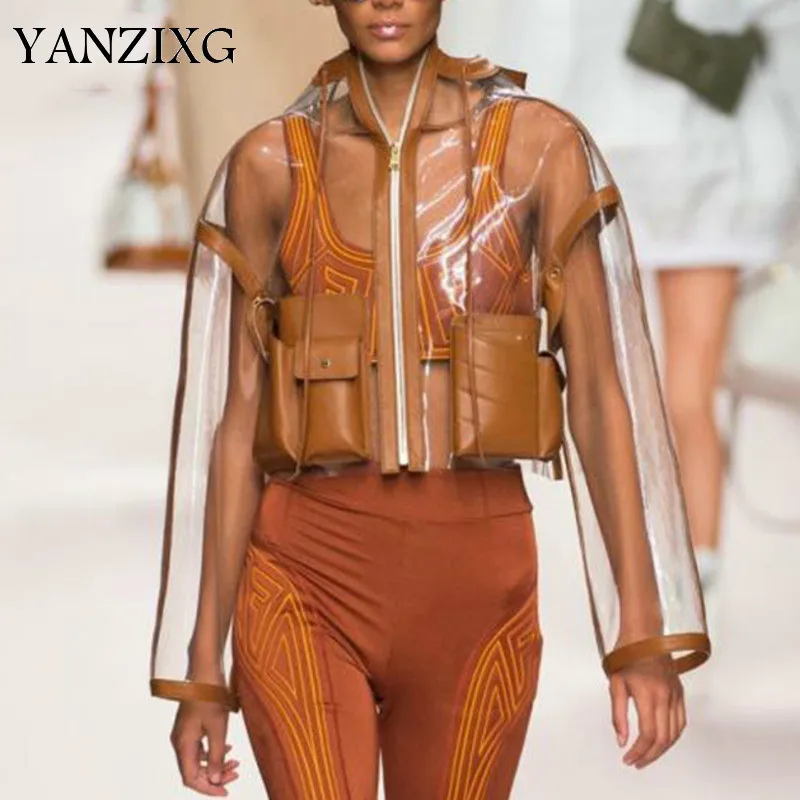 

Brown Long-sleeved Hooded Large Pocket Short Transparent Leather Jacket Woman Casual Simple Fashion 2019 Autumn New S435