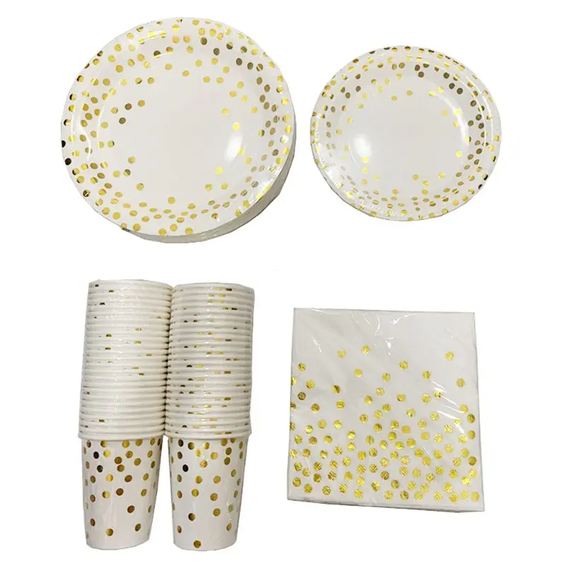 

Gold Dot Disposable Cups Paper Plates Napkins Set 200 PCS Service for 50 Guest Holiday Christmas party