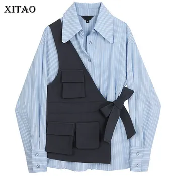 

XITAO Patchwork Striped Blouse Fashion New Women Single Breast Pocket 20020 Autumn Full Sleeve Minority Casual Shirt ZP2695
