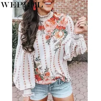 

WEPBEL Women Top O Neck Floral Flower Casual Fashion New Summer Spring Ladies Blouses Shirt Full Latern Sleeve Blouse