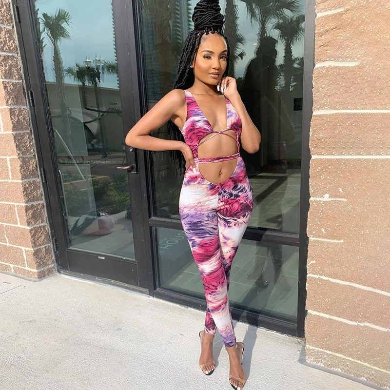 

Women Printed Sexy Hollow Out Street Bandage Jumpsuits Tight Bodycon Bodysuit Tracksuit Workout Joggers Suits Outfits