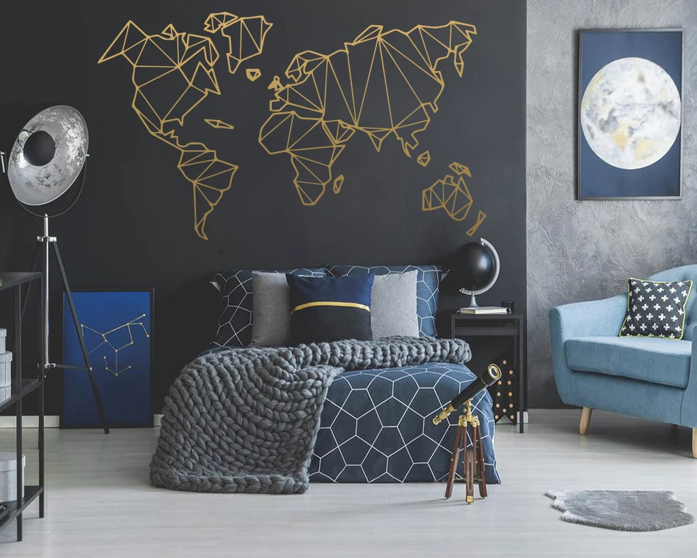 Large Size Geometric World Map Wall Sticker Vinyl Mural Removable Bedroom Decor 