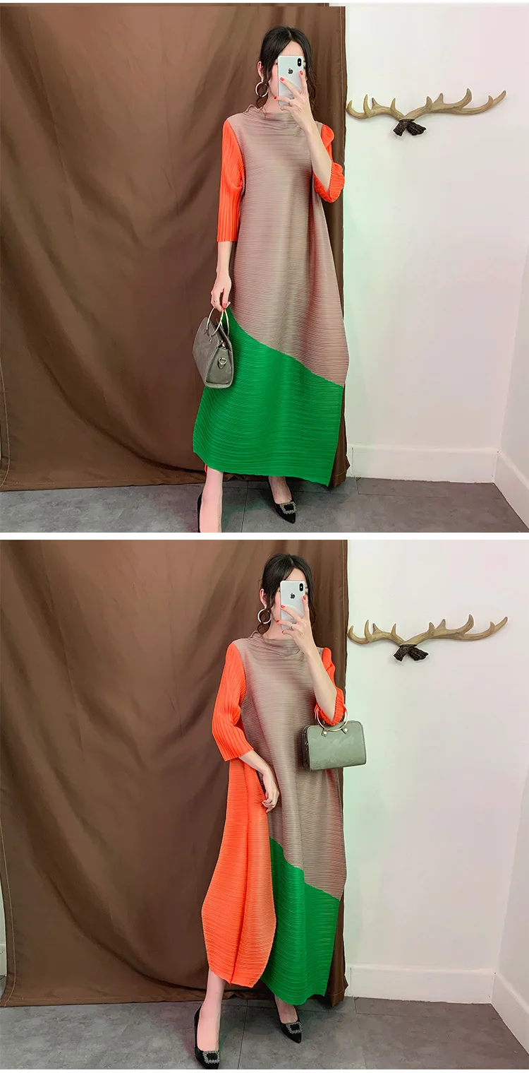 Miyake плиссированное платье длинная секция Осень Новая мода плиссированные женские сказочные плиссированные цветные подходящие платья