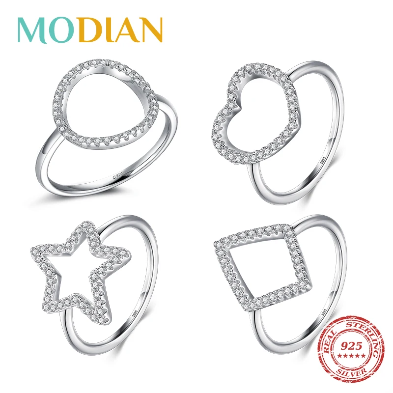 

Modian 925 Sterling Silver Sprakling Clear CZ Rings For Women Fashion Heart Star Round Rhombus Shape Finger Rings Fine Jewelry